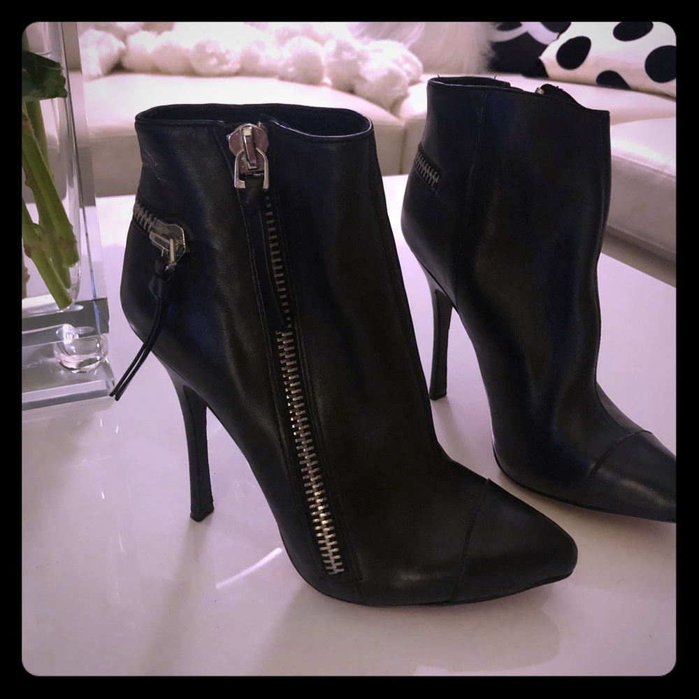 Black leather silver zipper stiletto bootie heels